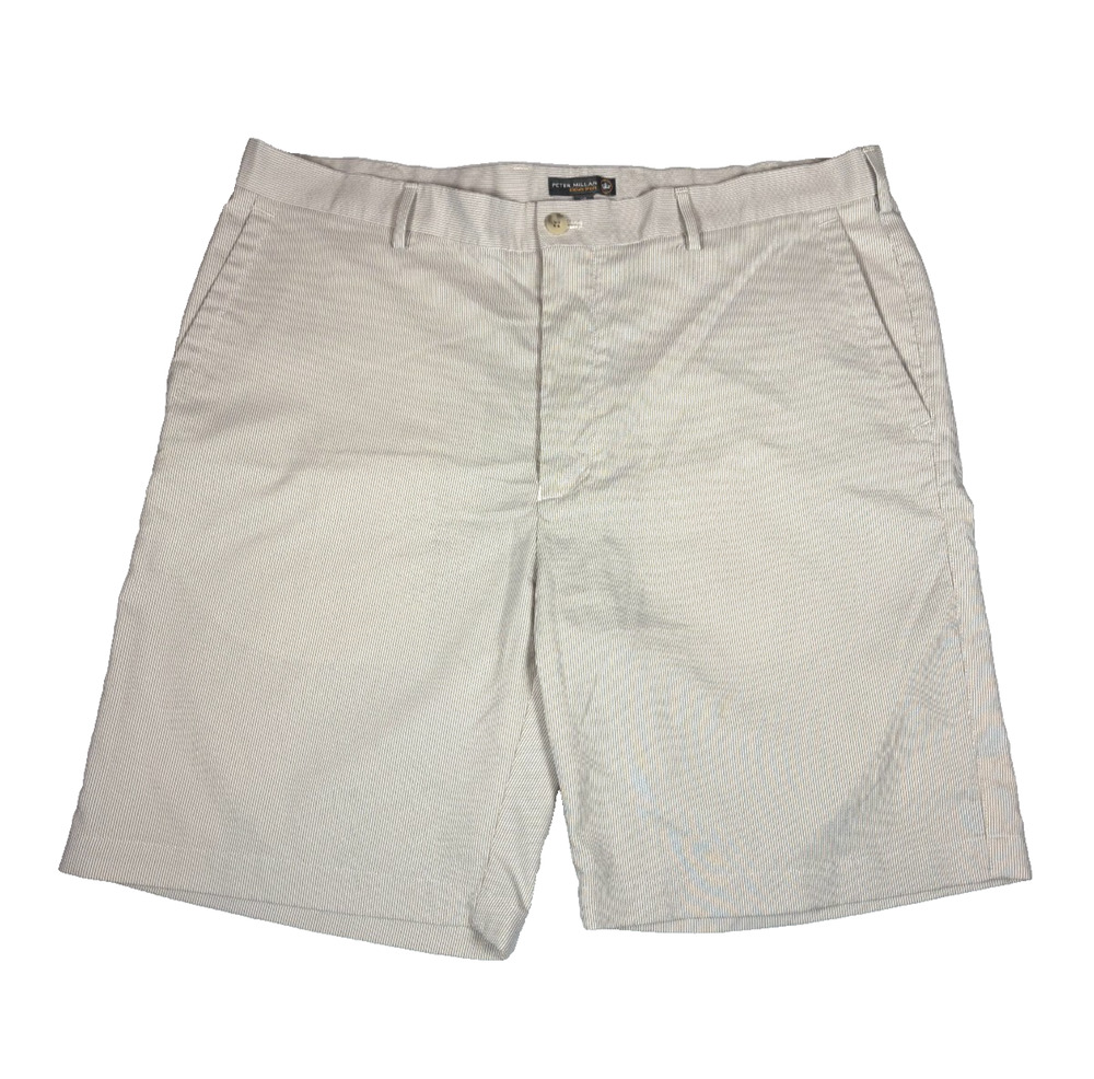 PETER MILLAR MEN'S CROWN SPORT GOLF SHORTS TAN/WHITE MICRO STRIPE SIZE 38